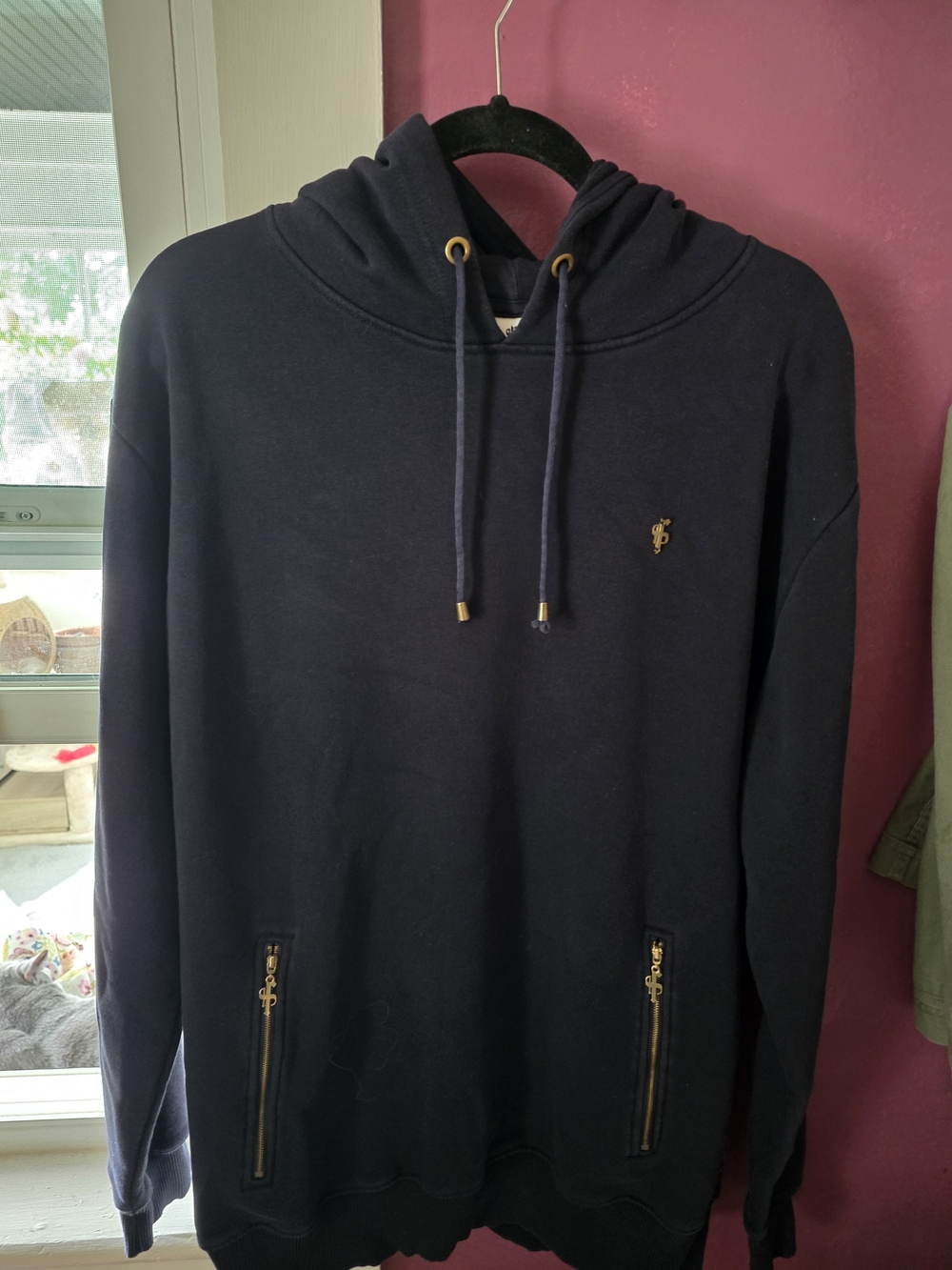Men's Navy Hoodie Sweater with Gold Zipper Accents